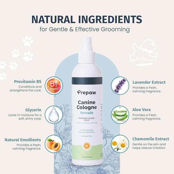 Natural Pet Cologne - Powdery Floral Scent, 3-in-1 Deodorizing, Conditioning &amp; Moisturizing Spray for Dogs &amp; Cats - Long Lasting. Daily Use, 8 fl oz (Female Pet)