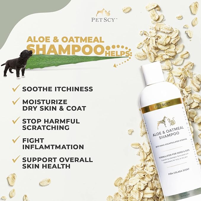 PetScy - Aloe &amp; Oatmeal Shampoo for Dogs and Cats, Moisturizing Pet Shampoo for Skin Relief, All-Natural, Soap-Free &amp; Gentle, Pina Colada Scent, 12 Oz