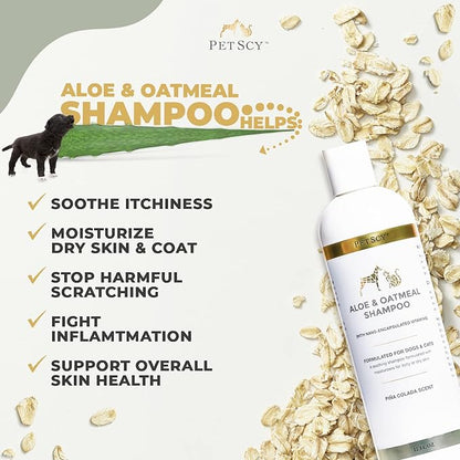 PetScy - Aloe &amp; Oatmeal Shampoo for Dogs and Cats, Moisturizing Pet Shampoo for Skin Relief, All-Natural, Soap-Free &amp; Gentle, Pina Colada Scent, 12 Oz