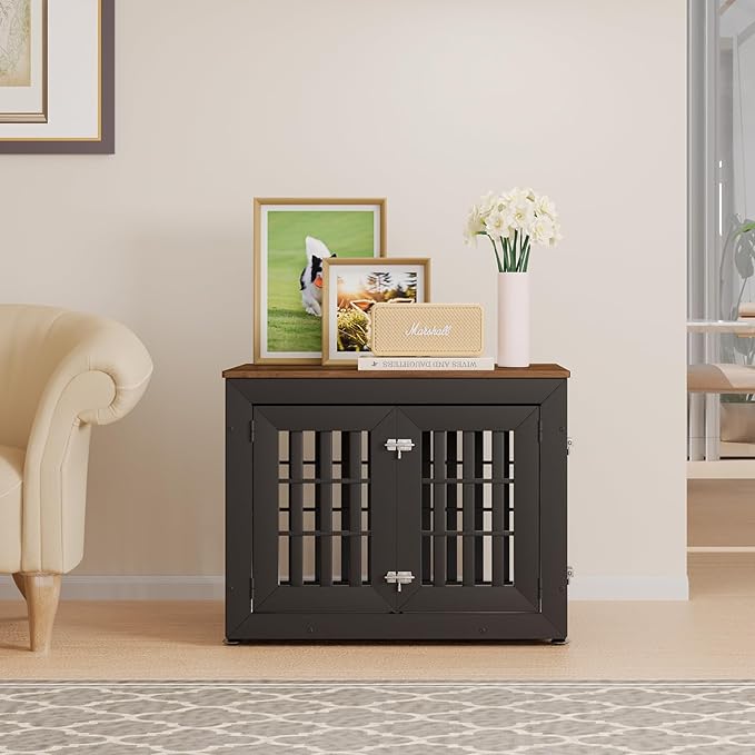 32" Heavy Duty Dog Crate Furniture for Small,Medium and Large Dogs,Rustic Wooden Dog Cage Kennel Indoor Furniture with Waterproof Top,Decorative Pet House Side End Table (Black &amp; Wood)