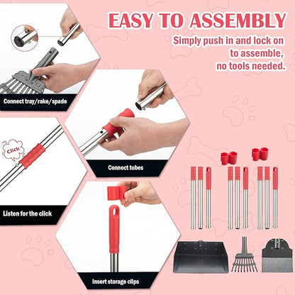 Dog Pooper Scooper Set, Pooper Scooper for Dog, Heavy Duty Stainless Steel Rake with Extra Large Tray &amp; Spade No Bending Clean Up for Pet Waste Removal, for Grass, Dirt Or Gravel.