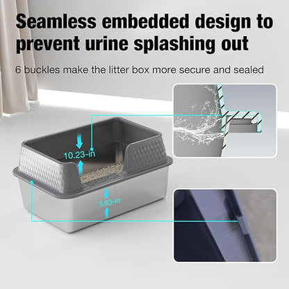 Suhaco Stainless Steel Litter Box Side Entry, Kitty Litter Mat and White Scoop Included Covered Metal High Sided Extra Large Cat Litter Box with Lid Removable Enclosure for Medium Cats (Tall Grey)