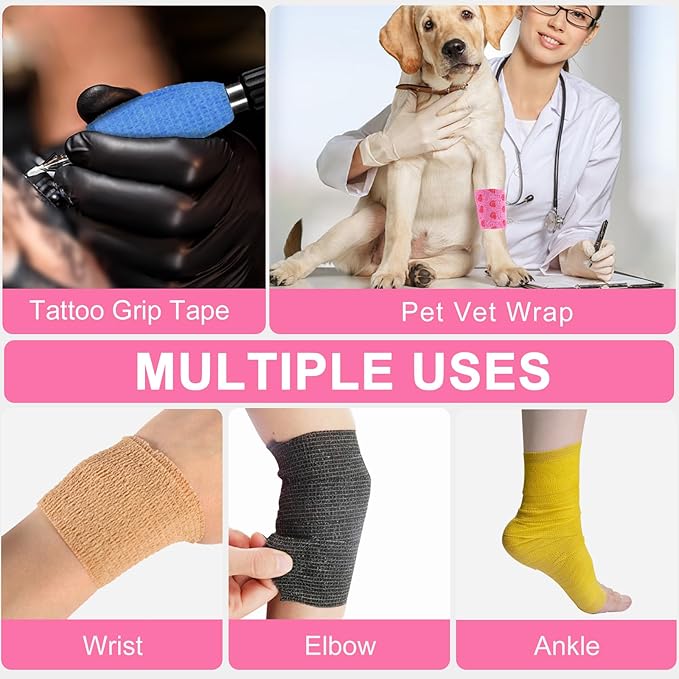 24 Pack Self Adhesive Vet Wrap &amp; Medical Tape, 2 Inch x 5 Yards Cohesive Bandage Wrap - Pink Heart Grip Tape for Ankle, Wrist Sprains, Sports, Pet First Aid
