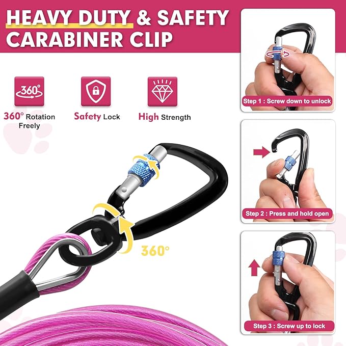 Snagle Paw Heavy Duty Long Leads for Yard 200FT-1000LBS Break Strength, Tie Out Cable With Swivel Lockable Hook &amp; Spring, Chew Proof Chain for Outside, Run Cable for Medium Large Dogs