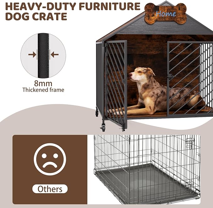 Furniture-Style Dog Crate with Gable Roof Design, Double Locking Doors Indoor Kennel for Small &amp; Medium Dogs, Chew-Proof Escape-Proof Dog Cage, Rustic Brown
