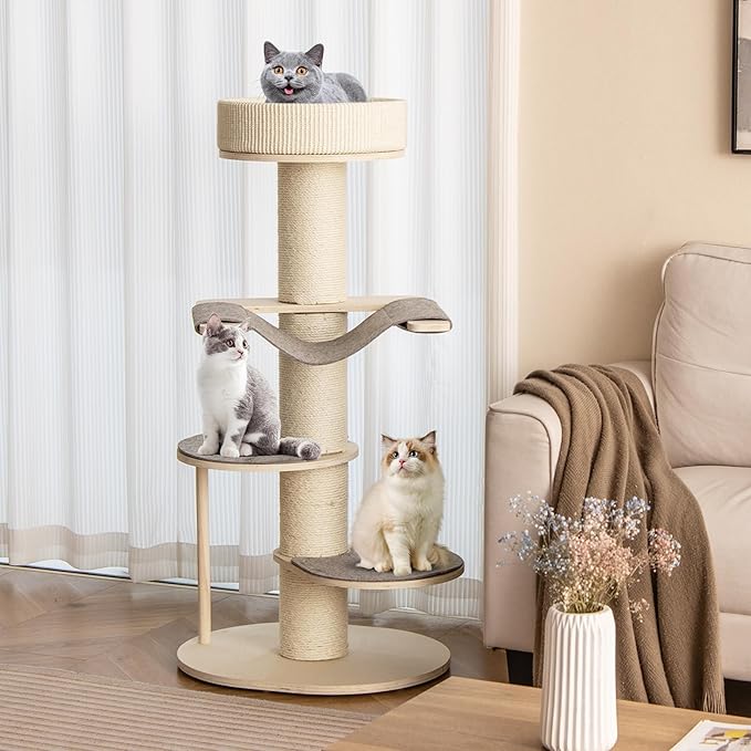 Tangkula Wood Cat Tree, 47 Inch Multi-Layer Cat Tower with 5.7” Thicker Sisal Covered Scratching Posts &amp; Carpet, Padded Top Perch, 2 Jumping Platforms, Hammock, Modern Cat Tree Tower for Indoor Cats