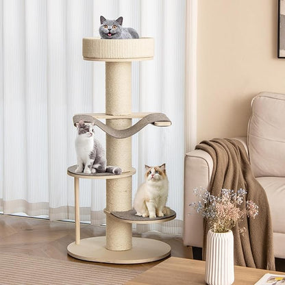 Tangkula Wood Cat Tree, 47 Inch Multi-Layer Cat Tower with 5.7” Thicker Sisal Covered Scratching Posts &amp; Carpet, Padded Top Perch, 2 Jumping Platforms, Hammock, Modern Cat Tree Tower for Indoor Cats