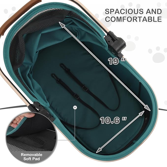 MoNiBloom 3 in 1 Pet Stroller with Adjustable Handle, Jogging Stroller w/Detachable Carrier &amp; Lightweight Aluminum Frame for Dogs Cats, Hunter Green