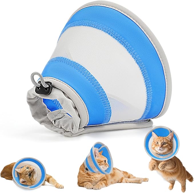 Breathable Air Mesh Cat Cone Collar Soft to Stop Licking, Adjustable, Foldable Lightweight Kitten Cones After Surgery Recovery for Cats &amp; Kittens (Light Blue, S)
