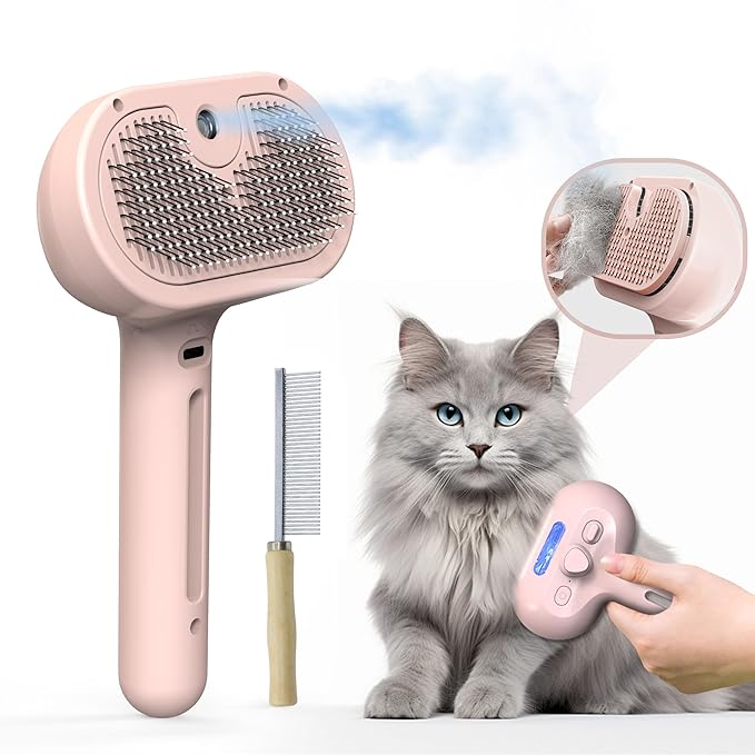 Pet Grooming Brush with Electronic Mist Spray - Gentle Deshedding Tool for Cats &amp; Dogs, Pet Steam Brush，Reduces Shedding, Soft Bristles, Promotes Healthy Coat-Comes with a hair smoothing comb-Red
