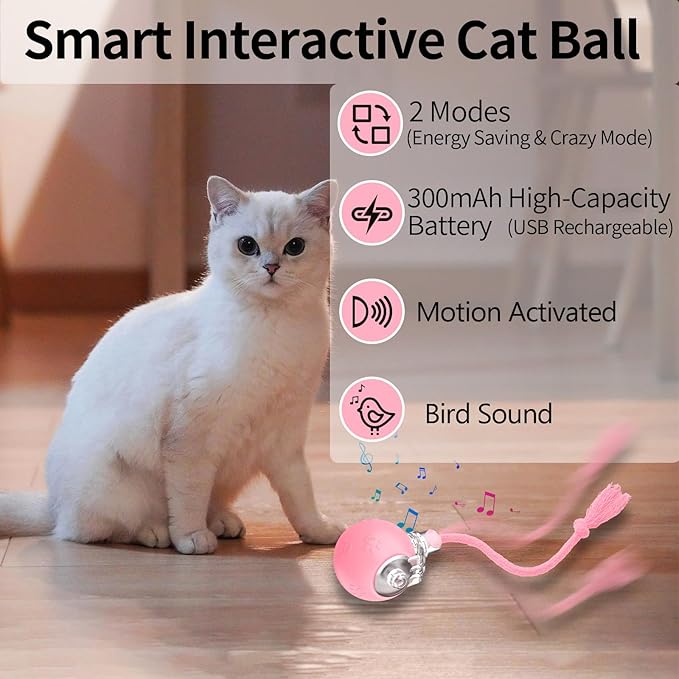 Interactive Cat Toys, Automatic Moving Cat Toys for Bored Indoor Adult Cats, Fast Rolling, Chirping &amp; Motion-Activated Kitty Toys, Fun Gift for Cats with Speedy Tail 2.0, USB Rechargeable,Pink