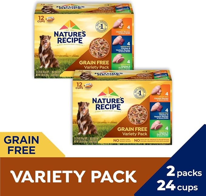 Nature’s Recipe Grain Free Chicken Recipe, Chicken &amp; Venison Recipe and Chicken &amp; Duck Recipe in Savory Broth Variety Pack Wet Dog Food, 12-2.75 oz. Cups, 2 Count