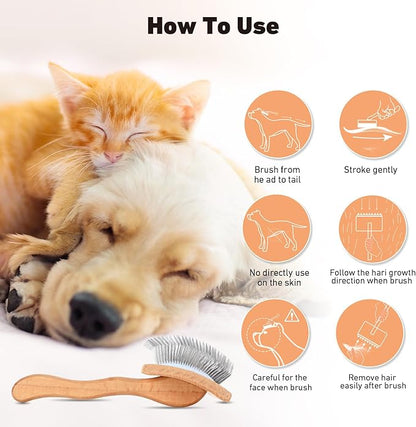 Dog Slicker Brush for Shedding and Grooming Medium or Long Haired Cats, Extra Long &amp; Soft Pin Slicker Brush for Removes Loose Hair, Tangles, Knots, Undercoat, Free Pet Comb, Large, Oak
