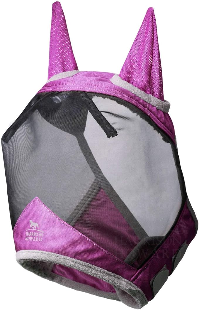 Harrison Howard CareMaster Pro Luminous Horse Fly Mask Large Eye Space Standard with Ears UV Protection for Horse Dark Magenta Medium Cob