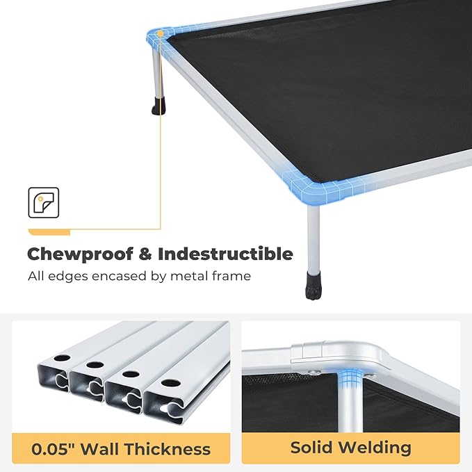 Veehoo Chewproof Elevated Dog Bed - Cooling Raised Pet Cot, Breathable Mesh, Washable &amp; Non-Slip for Large Dogs, Indoor/Outdoor, Black Mat and Silver Metal Frame, 49x33inches (Model CWC2203B03)
