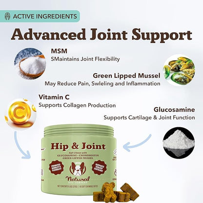 Natural Dog Company Hip &amp; Joint Chews, Chicken Liver &amp; Turmeric Flavor, with Glucosamine Chondroitin for Dogs, Maintains Bone and Joint Health, Supplements for Seniors and Puppies, 90 Count