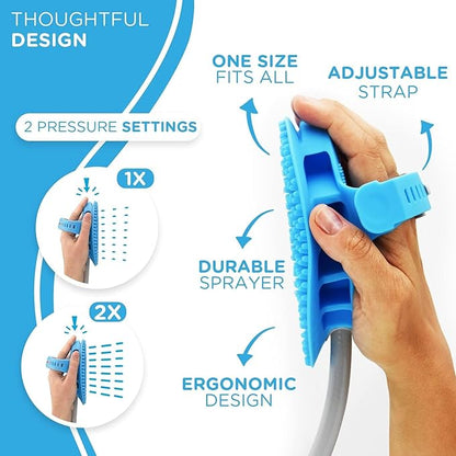 Aquapaw 5-in-1 Horse &amp; Dog Bath Brush &amp; Curry Comb - XL Blue Silicone - Includes 3-ft Shower Hose Attachment &amp; Adapter - Adjustable Spray Scrub Massager - Dog Grooming Supplies