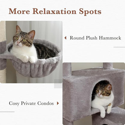 PAWZ Road Cat Tree, 60 Inches Cat Tower with Dual Condos, Spacious Perch, Cozy Basket and Sisal-Covered Scratching Posts for Indoor Cats- Gray