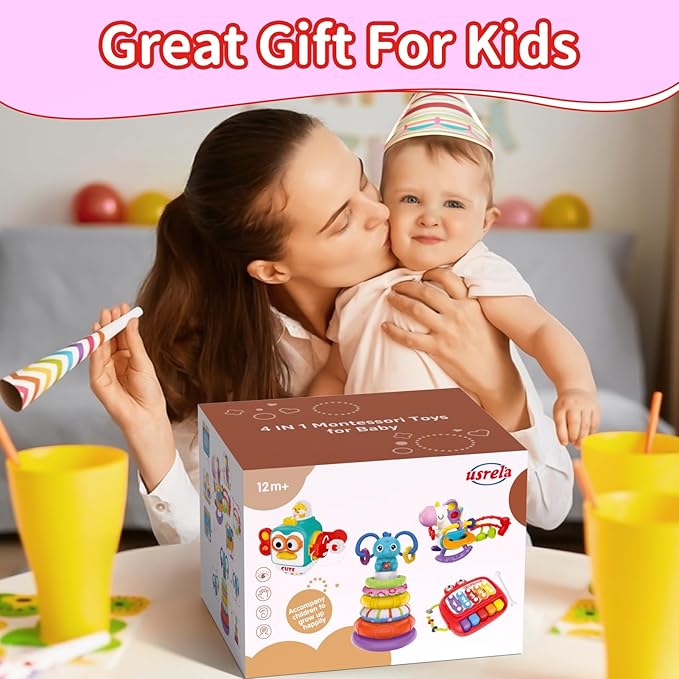 4 in 1 Baby Toy for 6 9 12 18 Month, Learning Toys for Babies 6-12 Months, Baby Busy Cube, Stacking Sorter, Pull String &amp; Piano Xylophone Travel Toy, Birthday Gift for 1 2 Year Old