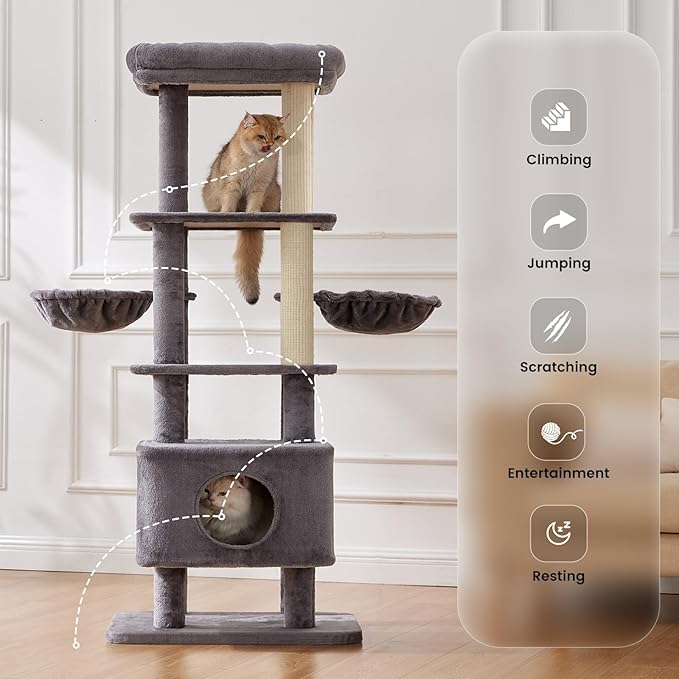Gardner Pet 65in Heavy Duty Cat Tree Tower for Large Cats, Multi-Level Cat Furniture with Replaceable Sisal Scratching Post, Hammock | Extra-Large Platform &amp; Condo (Upgraded Grey)
