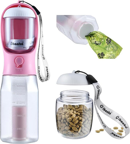 Dog Water Bottle with Food Container &amp; Poop Bag Holder, Travel Water Bowl, Portable Pet Dispenser, Girl Dog Accessories Stuff Items Essentials Gift for Yorkie Chihuahua Walking Hiking