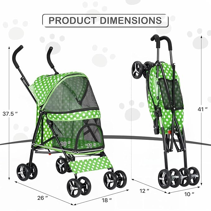 MoNiBloom 4 Wheels Pet Stroller, Easy-Fold Umbrella Shaped Dog Cat Jogger Stroller w/Storage Bag &amp; Visible Mesh for Small/Medium Dogs Cats Lawn Green Polka Dots