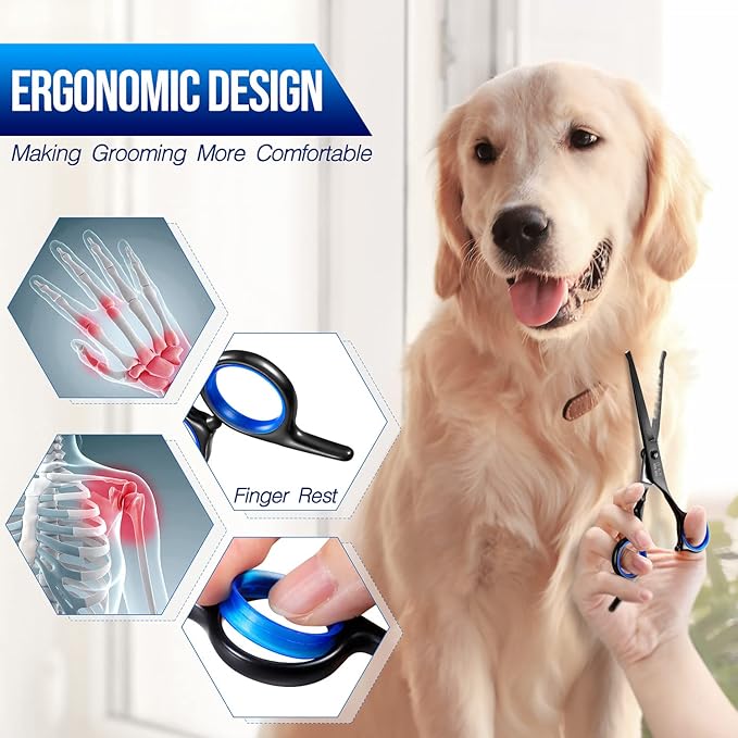 Gimars Dog Grooming Scissors Kit Professional 4CR with Safety Round Tip, 5 in 1 Heavy Duty Titanium Coated Thinning &amp; Curved &amp; Straight Shears