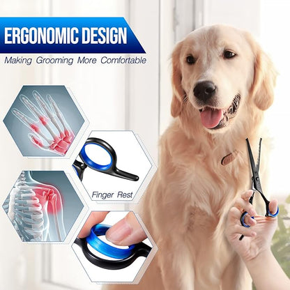 Gimars Dog Grooming Scissors Kit Professional 4CR with Safety Round Tip, 5 in 1 Heavy Duty Titanium Coated Thinning &amp; Curved &amp; Straight Shears