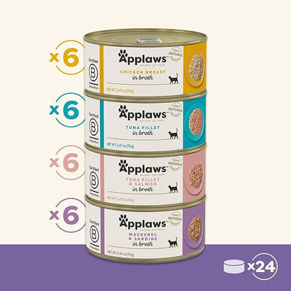 Applaws Natural Wet Canned Cat Food, Made with Limited and Natural Ingredients, Real Protein with No Artificial Additives, Variety Broth Recipe (24 Count, 2.47 oz Cans)