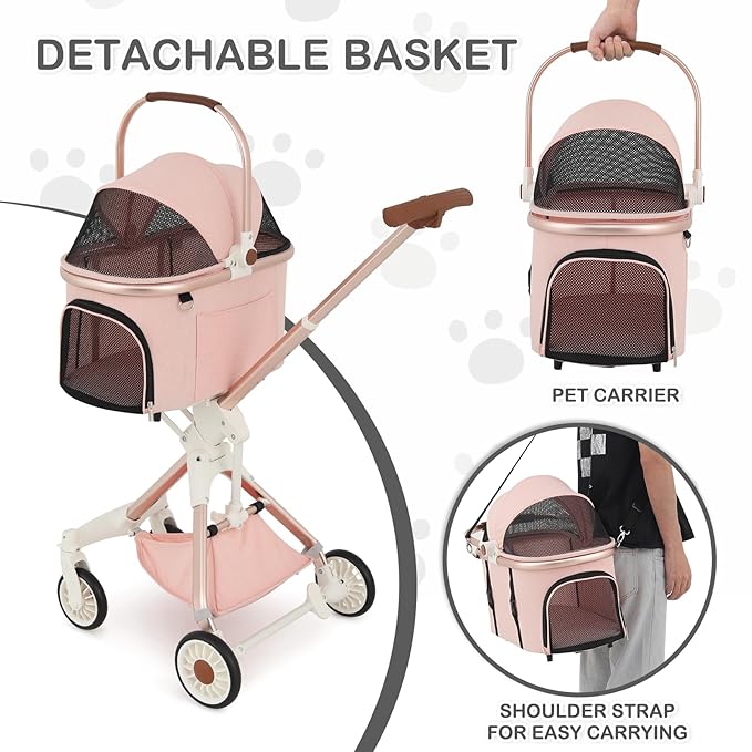 MoNiBloom 3 in 1 Pet Stroller with Adjustable Handle, Jogging Stroller w/Detachable Carrier &amp; Lightweight Aluminum Frame for Dogs Cats, Soft Pink