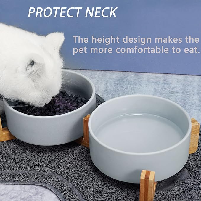 Petygooing Ceramic Dog Bowl Set with Wood Stand, Grey, 13.5OZ/5.1 in, Suitable for Cats &amp; Small Dogs