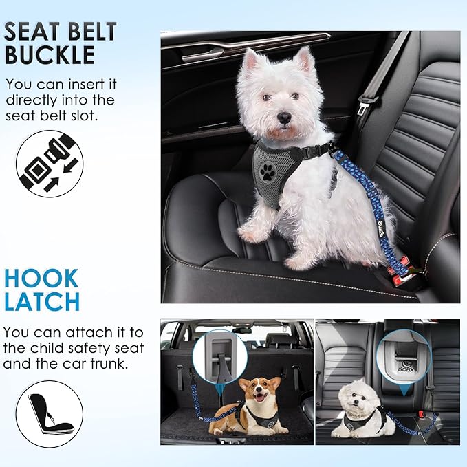 Lukovee Dog Seatbelt Leash for Cars, 2 Pack Pet Safety Car Seat Belt with Adjustable Buckle &amp; Reflective Bungee, Connect Dog Harness in Vehicle Car Dogs Restraint Travel Daily Use (Blue Paw)