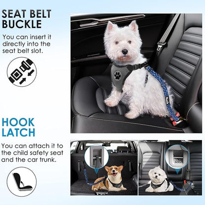 Lukovee Dog Seatbelt Leash for Cars, 2 Pack Pet Safety Car Seat Belt with Adjustable Buckle &amp; Reflective Bungee, Connect Dog Harness in Vehicle Car Dogs Restraint Travel Daily Use (Blue Paw)