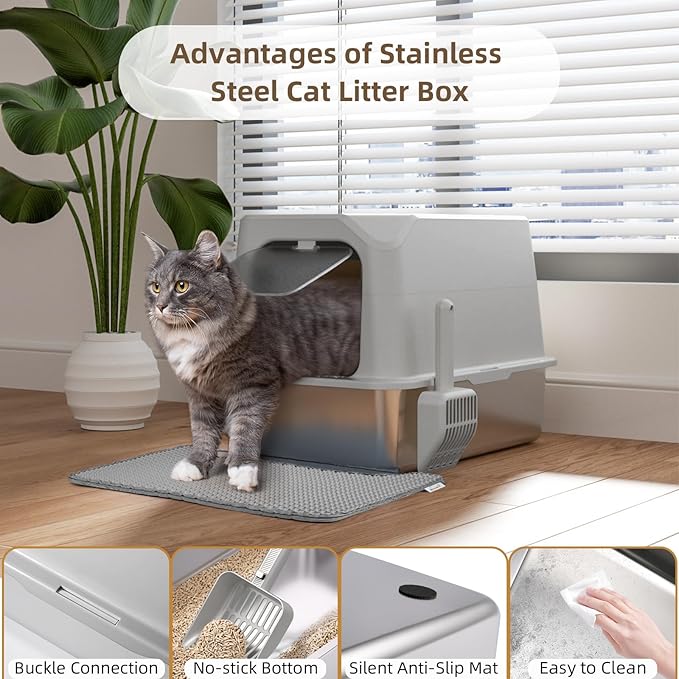 Stainless Steel Cat Litter Box with Lid, Extra Large, Great for Large &amp; Small Cats, Easy to Clean, Anti-Leakage, Non-Sticky, Multifunctional 2 in-1 Metal Cat Litter Box - Light Gray