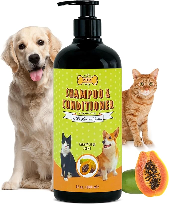 POM Pets 2-in-1 Organic Dog Shampoo &amp; Conditioner – Itchy Skin Relief, Dog Deshedding, Detangles Fur, Cat Shampoo, Paw Cleaner for Dogs, Natural Coat Defense Formula