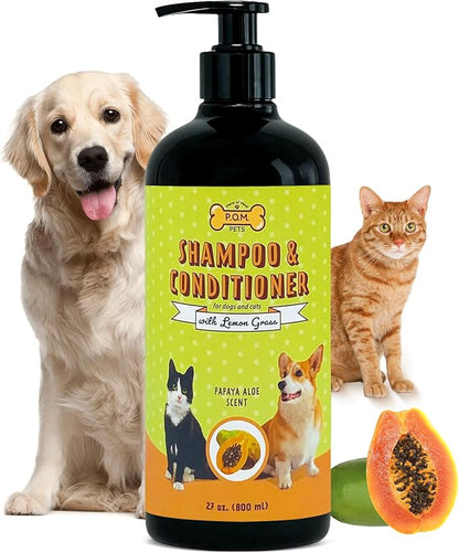 POM Pets 2-in-1 Organic Dog Shampoo &amp; Conditioner – Itchy Skin Relief, Dog Deshedding, Detangles Fur, Cat Shampoo, Paw Cleaner for Dogs, Natural Coat Defense Formula