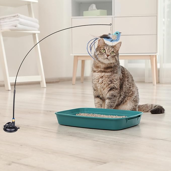 Cat Feather Toys, 10PCS Toys with Super Suction Cup, 2PCS Detachable Wand &amp; 6PCS Replacement Teaser Refills, Interactive Indoor Cat Play
