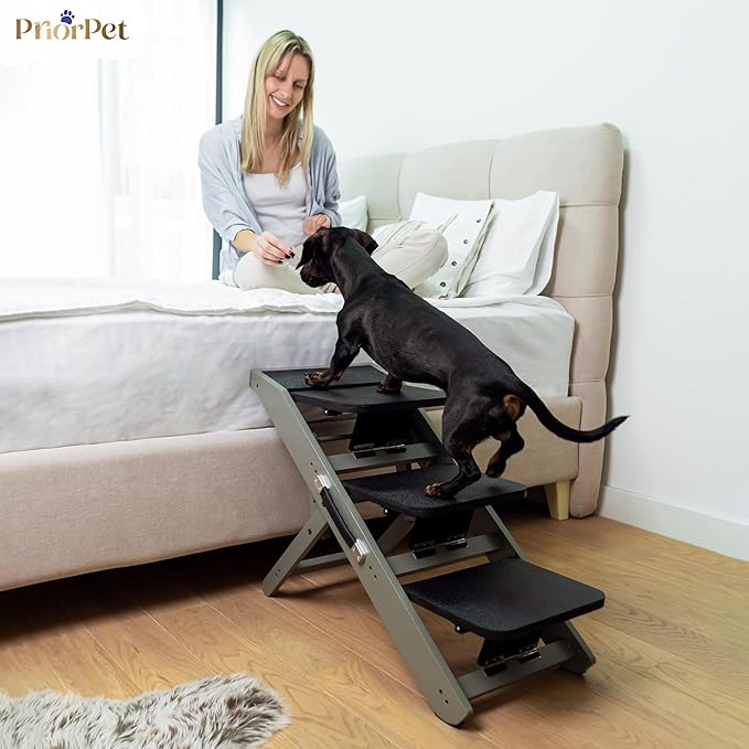 Dog Steps for Bed &amp; Couch 2-in-1 Dog Stairs/Ramp - Height Adjustable Dog Ramp for Couch 7” - 20” - Pet Stairs, Dog Stairs for Small Dogs - Easy to Move Pet Steps with Landing Platform, Gray
