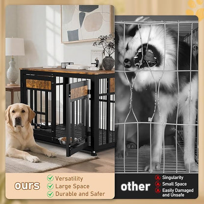 Dog Crate Furniture End Table 38 Inch Hidden Kennel Cabinet with Removable Tray, Thickened Metal Frame Dog Cage, Dual-Purpose Pet House &amp; Nightstand for Living Room