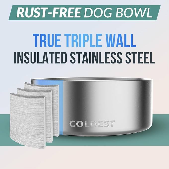 Coldest Dog Bowl - Anti Rust Metal, Non Slip, 3 Layers Insulated Stainless Steel Dog Bowls - Spill Proof &amp; Heavy Duty - Water Bowl for Dogs, Cats, Dish Washer Safe (100 oz,Polished Stainless Steel)