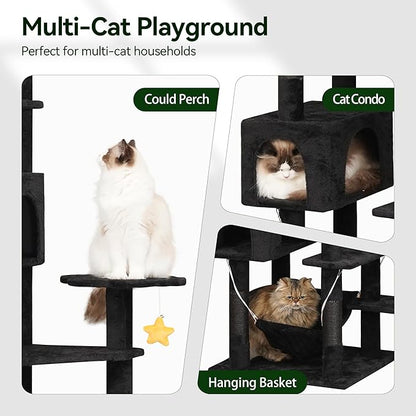 85inch Giant Cat Tree for Heavy Duty Big Cats, Multi-Level Luxury Cat Tower with Scratching Post, Cat Condo with Hammocks &amp; Plush Perches for Indoor Cats Large Adult, Black