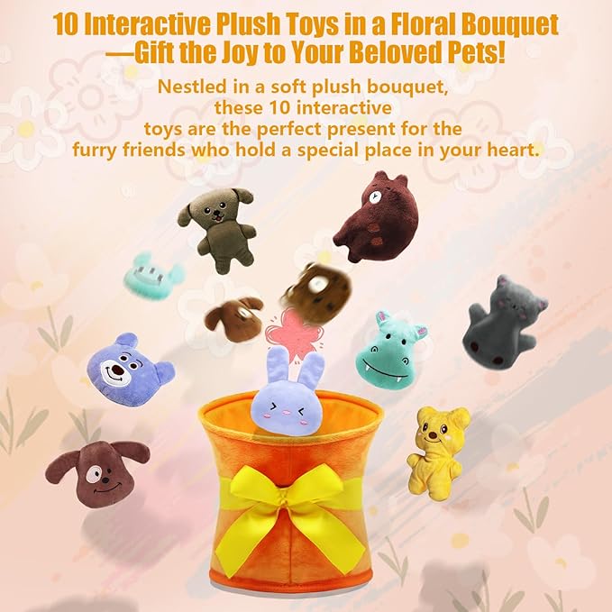 Squeaky Dog Toys, 11 Pcs Interactive Dog Plush Toy Collection in Flower Bouquet Packaging,10 Adorable Animal Plushies for Endless Play &amp; Training