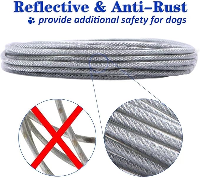 Dog Tie Out Cable for Dogs Outside Up to 125/250lbs,10/20/30/50FT Long Dog Leashes&amp;Chains,Small-Large Dogs Runner Cable for Yard,Heavy Duty Lead Line for Outdoor,Camping,Yard(250lbs 20FT, Silver)