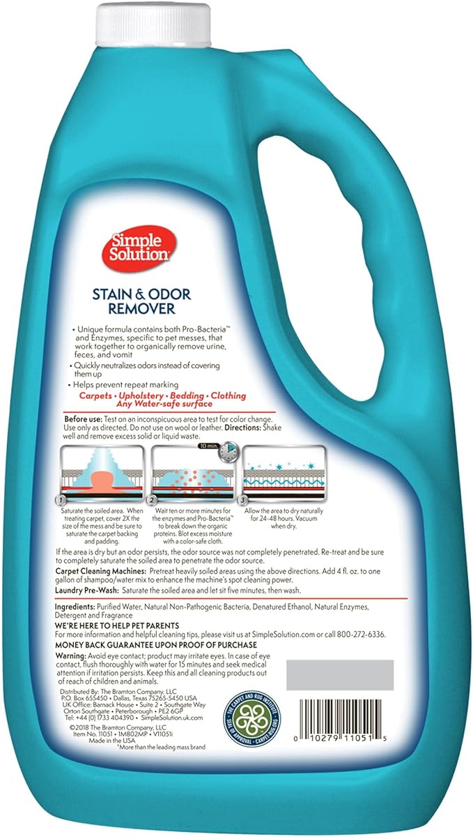 Simple Solution Stain &amp; Odor Eliminator for Pets, Carpet Deodorizer, Enzyme Pet Odor Eliminator for Home, Stain Remover for Cat &amp; Dog Pee, Urine Destroyer, Carpet Cleaner Spray, Gallon