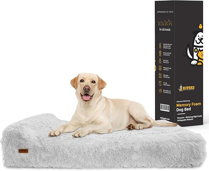 KOPEKS Orthopedic Memory Foam Dog Bed 7" Inch Thick Extra Large Dog Bed with Pillow Fluffy Grey 50"x34"x10" Includes Waterproof Liner &amp; Durable Removable Cover with Smart Design