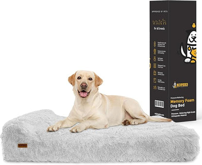 KOPEKS Orthopedic Memory Foam Dog Bed 7" Inch Thick Extra Large Dog Bed with Pillow Fluffy Grey 50"x34"x10" Includes Waterproof Liner &amp; Durable Removable Cover with Smart Design