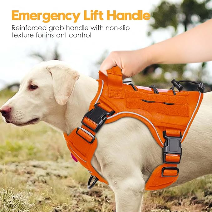 Heavy-Duty Tactical Dog Harness for Large Dogs, No Pull Adjustable Reflective Pet Vest with Molle System, K9 Military-Grade Control for Service Training, Outdoor &amp; 10+ Breeds, Orange, Large