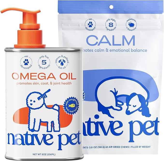 Native Pet Omega Oil for Dogs - Dog Fish Oil Supplements &amp; Calming Chews | Dogs Anxiety Relief Treats &amp; Dog Relaxants | 8 Oz. &amp; 60 Chews