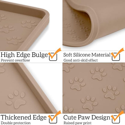 Ptlom Silicone Dog Food Mat Waterproof Pet Feeding Mat with High-Lips, Anti-Slip Dog Bowl Mat for Food &amp; Water, Non-Spill Puppy Feeding Tray for Small, Medium &amp; Large Dogs and Cats, Taupe