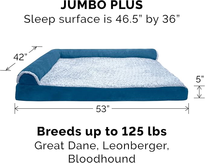 Furhaven Cooling Gel Dog Bed for Large Dogs w/ Removable Bolsters &amp; Washable Cover, For Dogs Up to 125 lbs - Two-Tone Plush Faux Fur &amp; Suede L Shaped Chaise - Marine Blue, Jumbo Plus/XXL